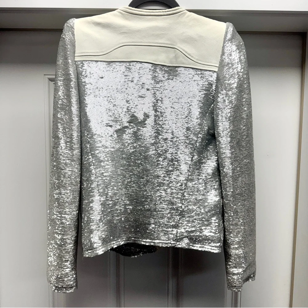 IRO Paris Silver Sequin "Hadley" Moto Blazer with White Leather - Picture 14 of 16